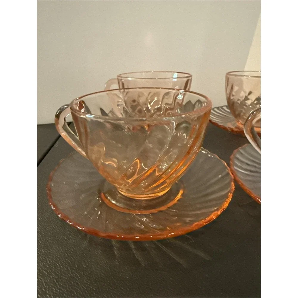 Arcoroc France Rosaline Pink Glass Swirl Coffee Teacup Tea Cup Saucers Set Of 4